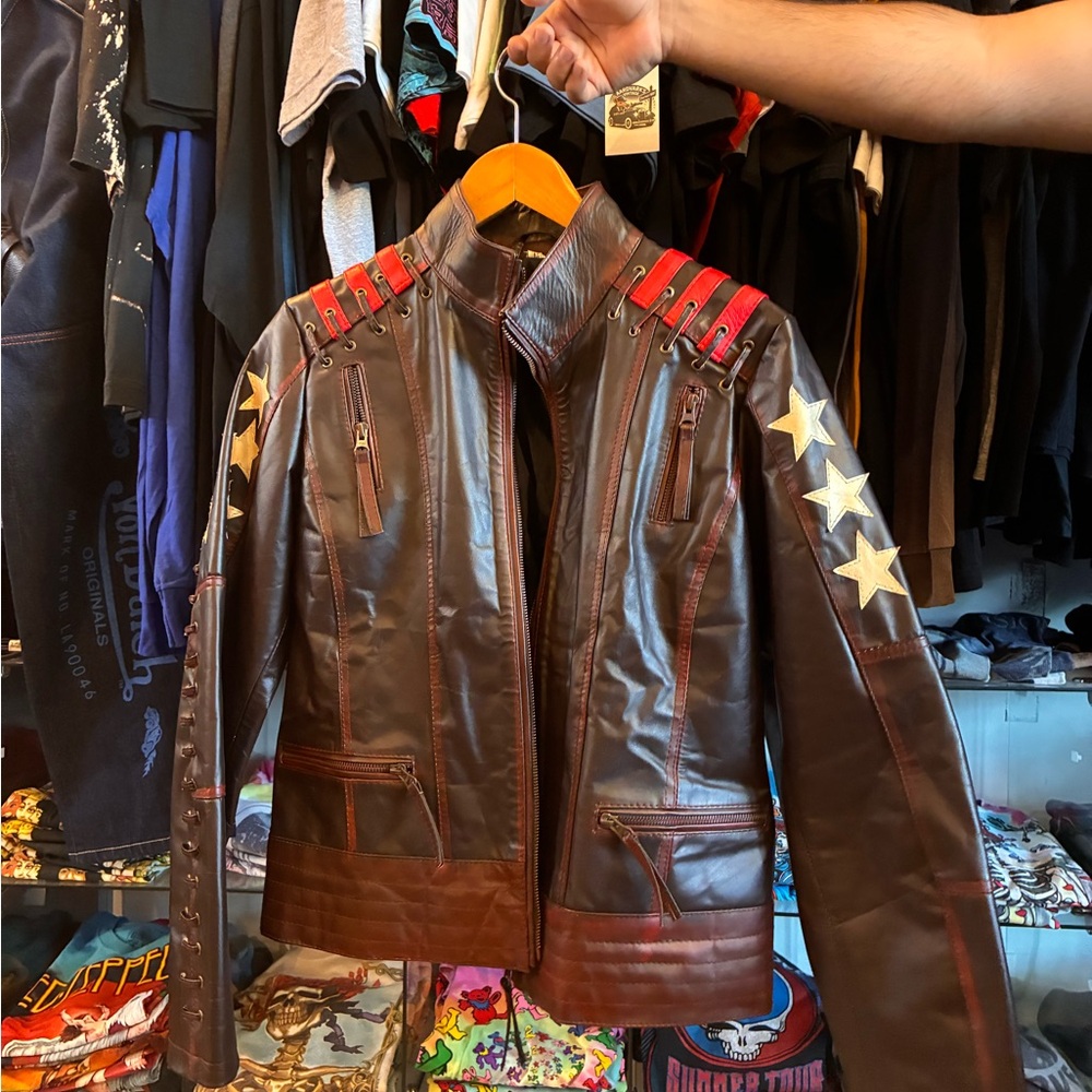 Unisex Brown patent Leather Bomber Jacket with Red and Gold Accents